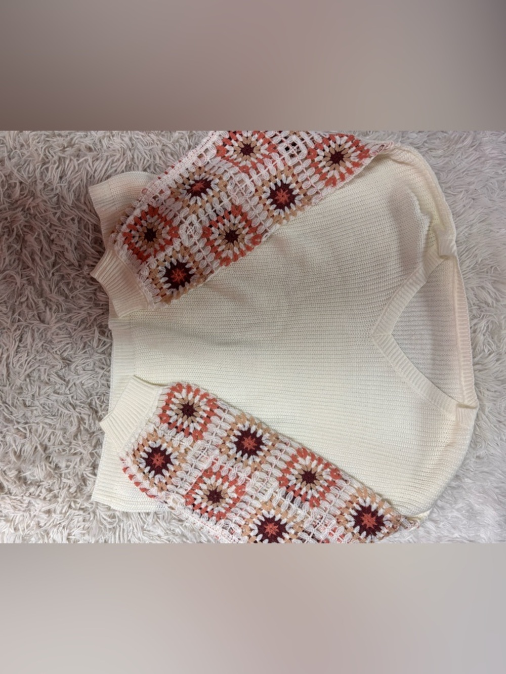 Cream Crochet-Sleeve Women’s Sweater